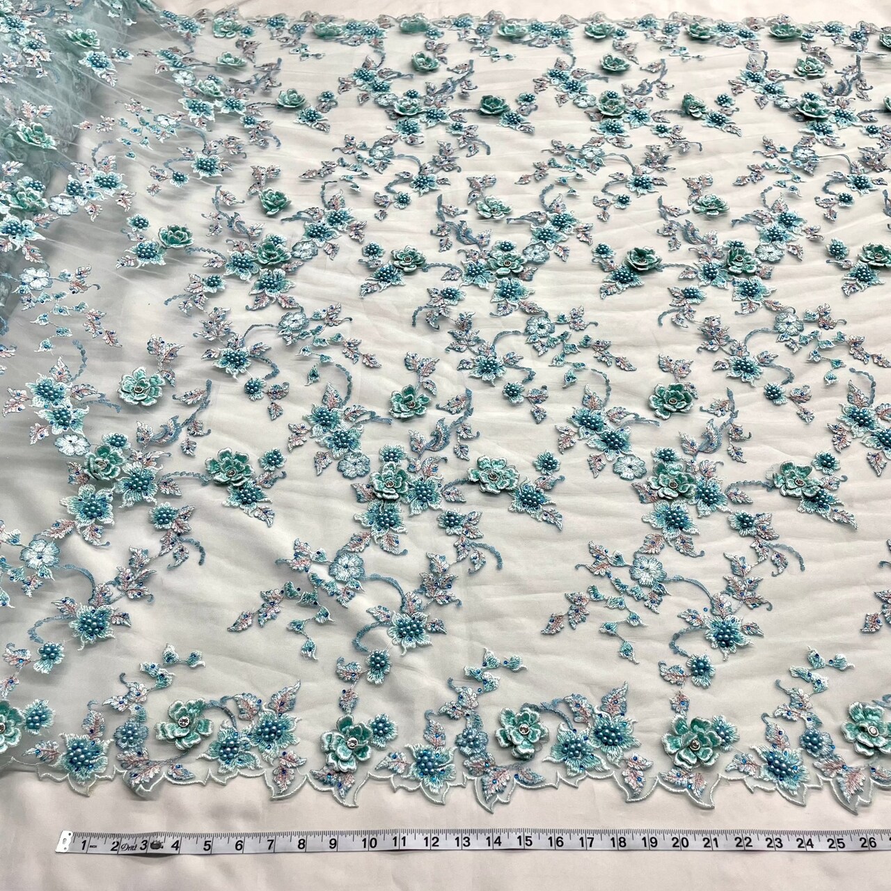 1 Yard Aqua Beaded 3D Floral Lace Fabric Embroidered on Polyester Net Mesh 54 inch Width